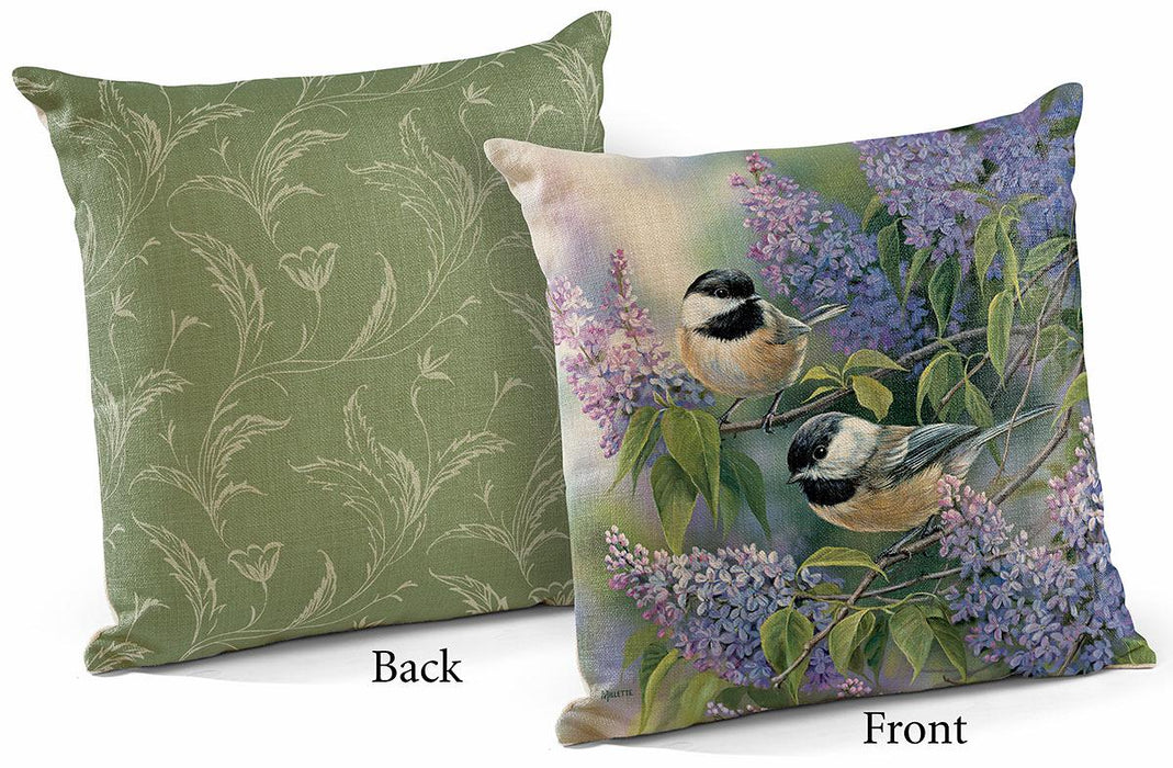 Chickadees and Lilacs 18" Decorative Pillow