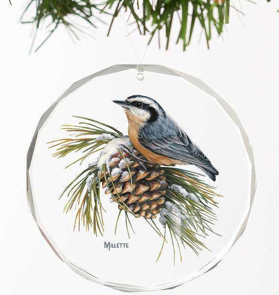 Winter Gems - nuthatch round glass ornament