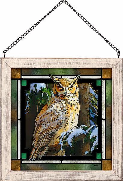 snowy perch- great horned owl stained glass art