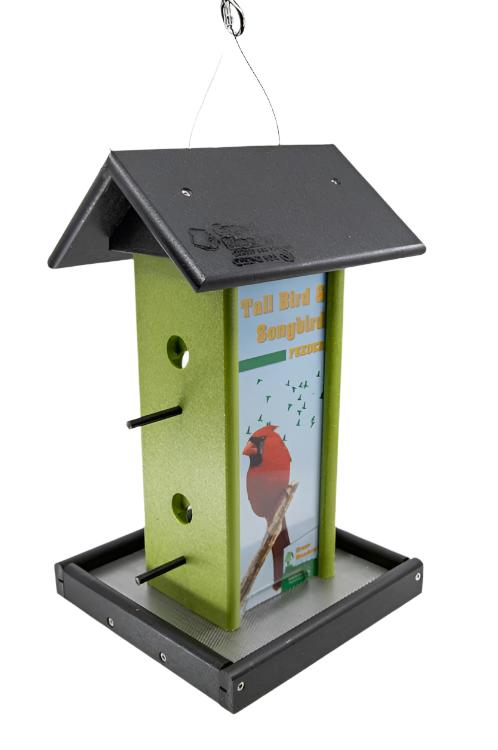 black and green songbird feeder