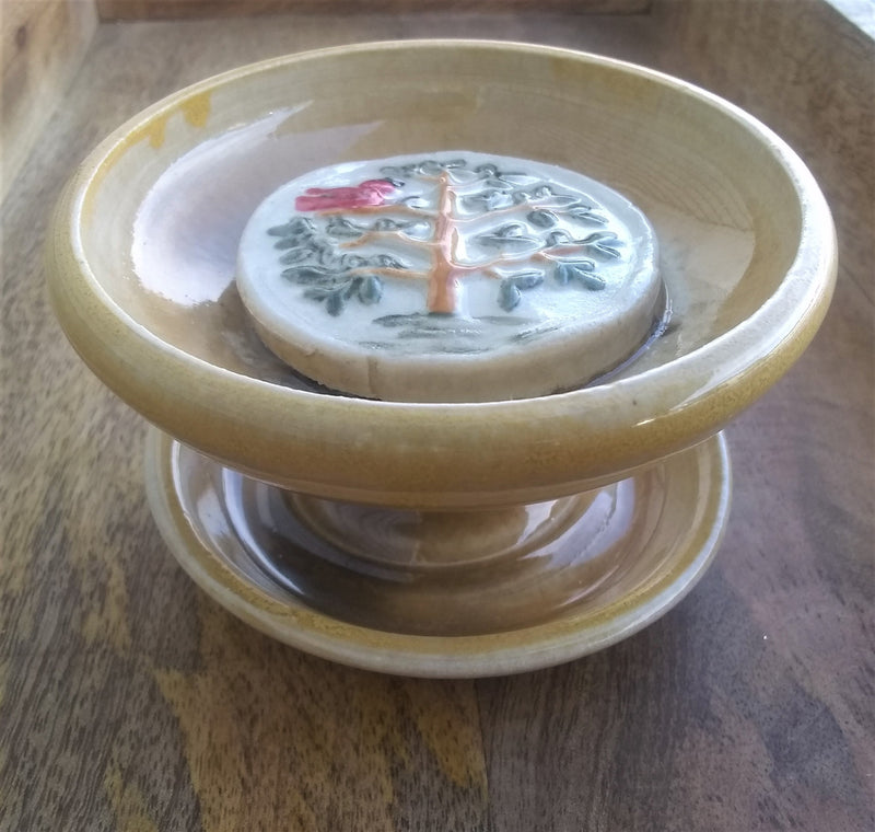 Ceramic Double Soap Dish - Cardinal in a Tree - Tall