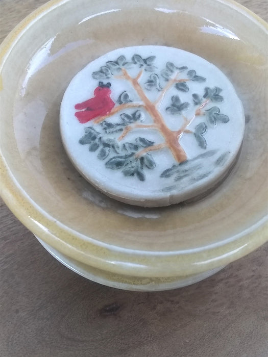 Ceramic Double Soap Dish - Cardinal in a Tree - Tall