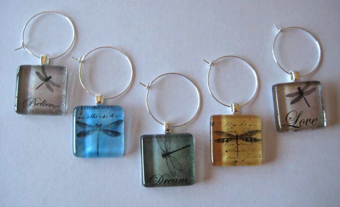 Wine Glass Charms Dragonfly Glass Tile - Set of 5