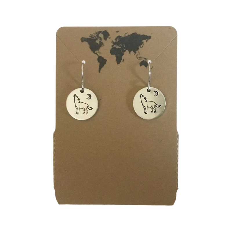 Wolf howling at crescent moon circular earrings