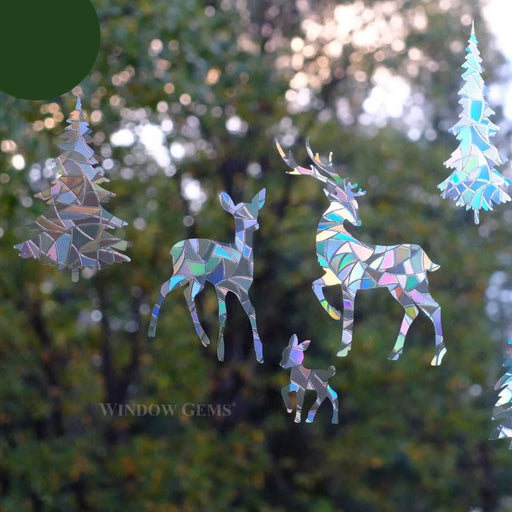 Forest Creatures Window Cling - Stag, Doe, fawn, fox, and pine trees.