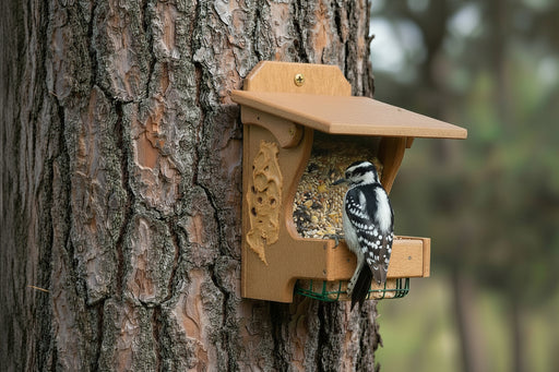 Woodpeckers Delight feeder in use with mixed loose seed, suet, and spreadable tree icing being visited by a downy woodpecker